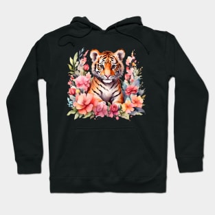 A baby tiger decorated with beautiful watercolor flowers Hoodie